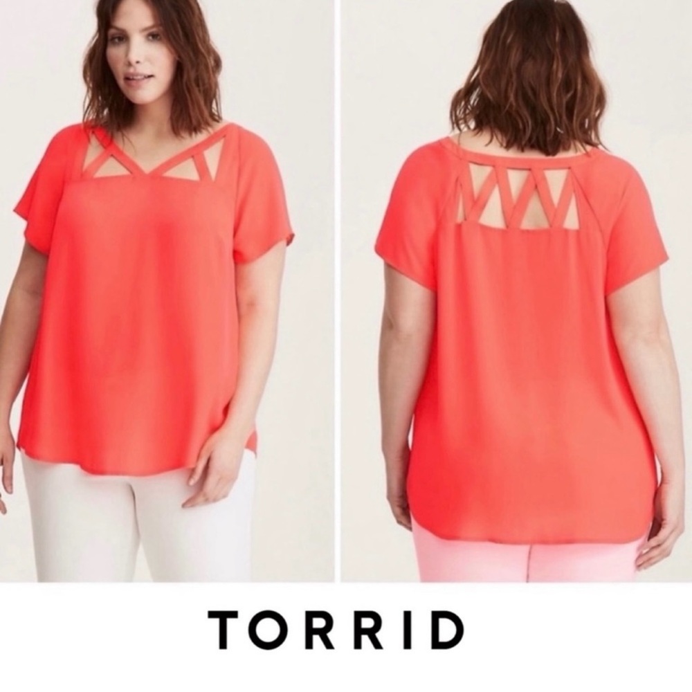 Torrid Orange Coral Short Sleeve Georgette Cage Front Cut Out Top Blouse Sz 4X